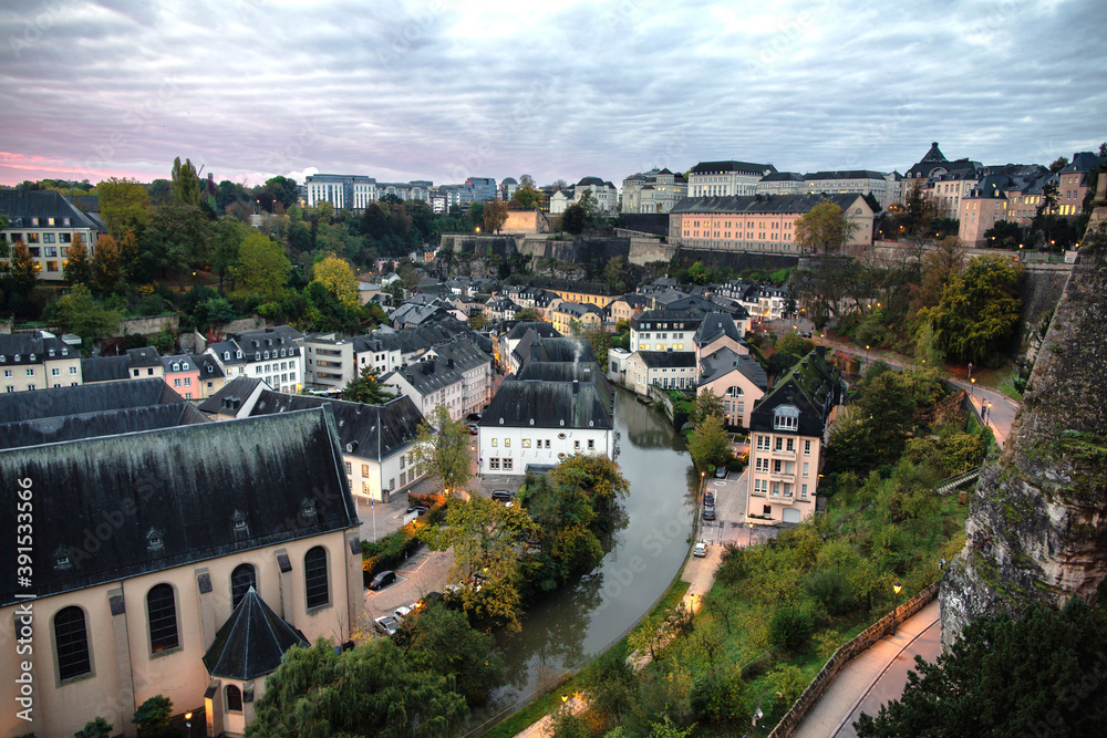 View at old Luxembourg city, Luxembourg. Aerial cityscape scenery. 