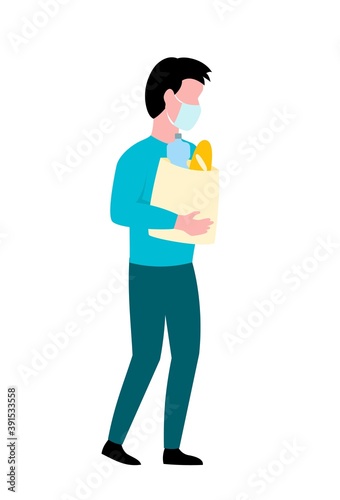Man with a package with food from a store. Vector illustration