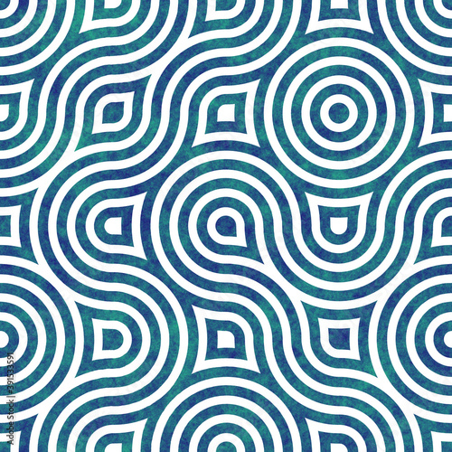 Nautical blue swirl wave on linen texture background. Summer coastal living style home decor tile swatch. Wavy spiral maritime naval material. Modern mariner stylish natural textile seamless pattern. 