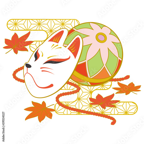 Obraz na plátně 狐のお面と鞠と紅葉-Fox mask, Temari and autumn leaves