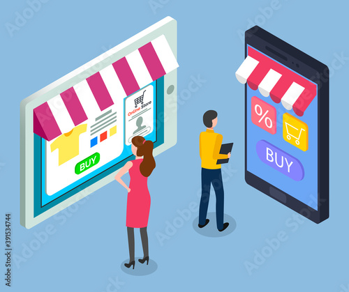 On line store concept. Sale tablet and smart phone with awning. Mobile marketing and online shopping. Man and woman customers choose a product in electronic gadget application on virtual store screen