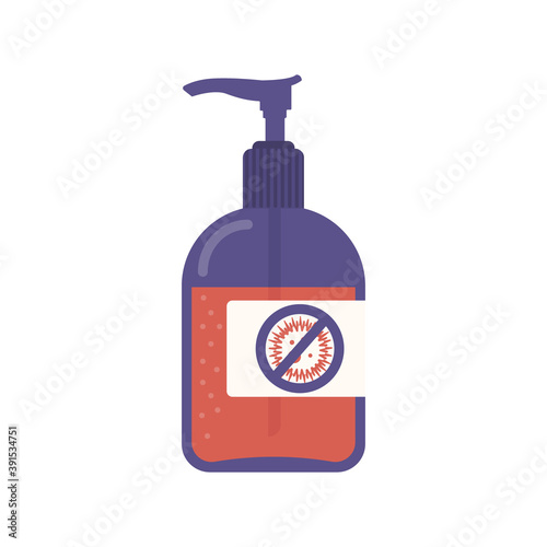 Antibacterial hand gel. Disinfector bottle with dispenser. Alcoholic liquid to protect against viruses. Vector illustration in flat style isolated on white background.