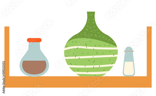 Wooden shelf in kitchen vector, isolated table with vase and bottles with spices. Saltshaker salt and pepper for food seasoning, containers for meal