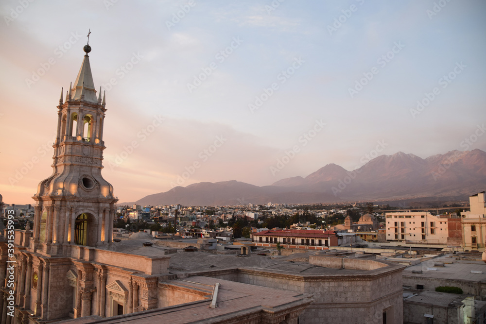 Sunset over the city of Arequipa and the volcano and mountains in the background. Photo taken in Arequipa, Peru