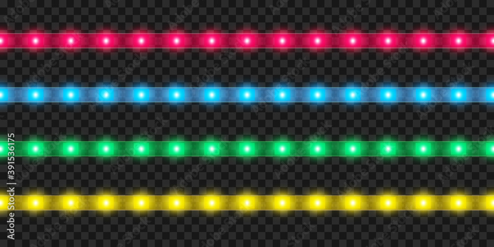 Realistic LED strip set. Colorful glowing illuminated tape decoration