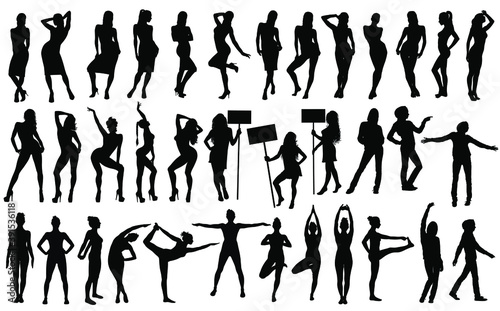 Big set of woman silhouettes in different poses isolated on white background. Girl icons for life style consept. Yoga and fitness woman, sexy pinup girl, bikini girl, woman in classic dress, casual.