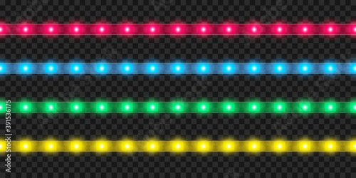 Realistic LED strip set. Colorful glowing illuminated tape decoration