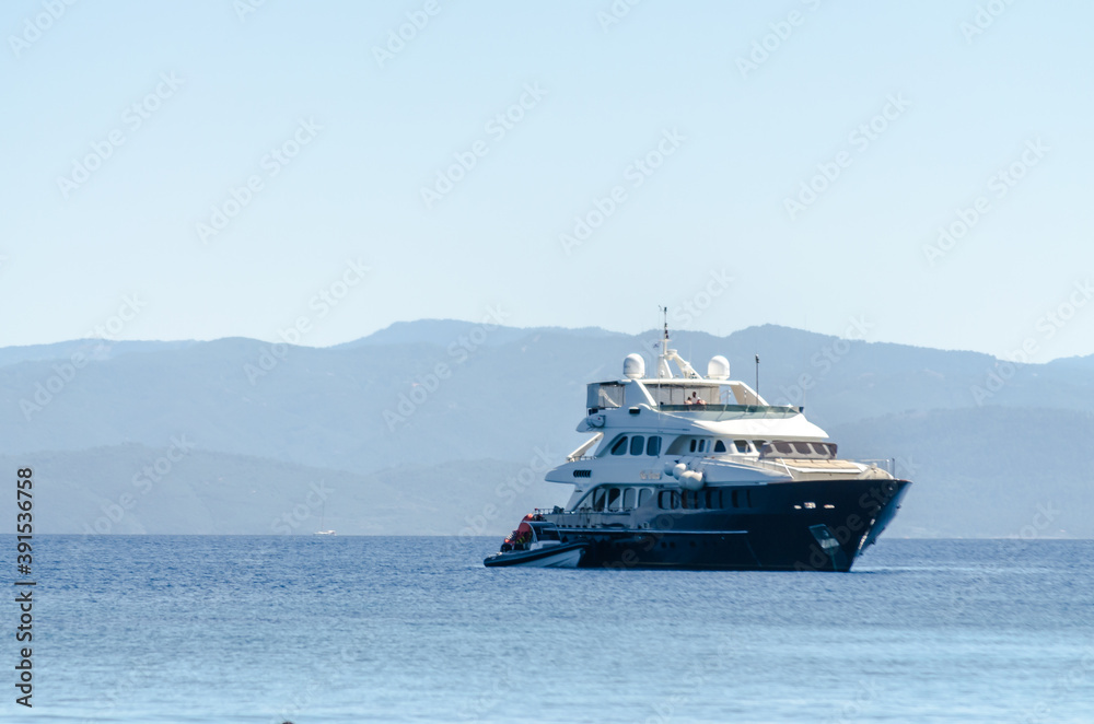 Evia island, Greece - June 28. 2020: Panorama of the tourist island of Skiathos in Greece
