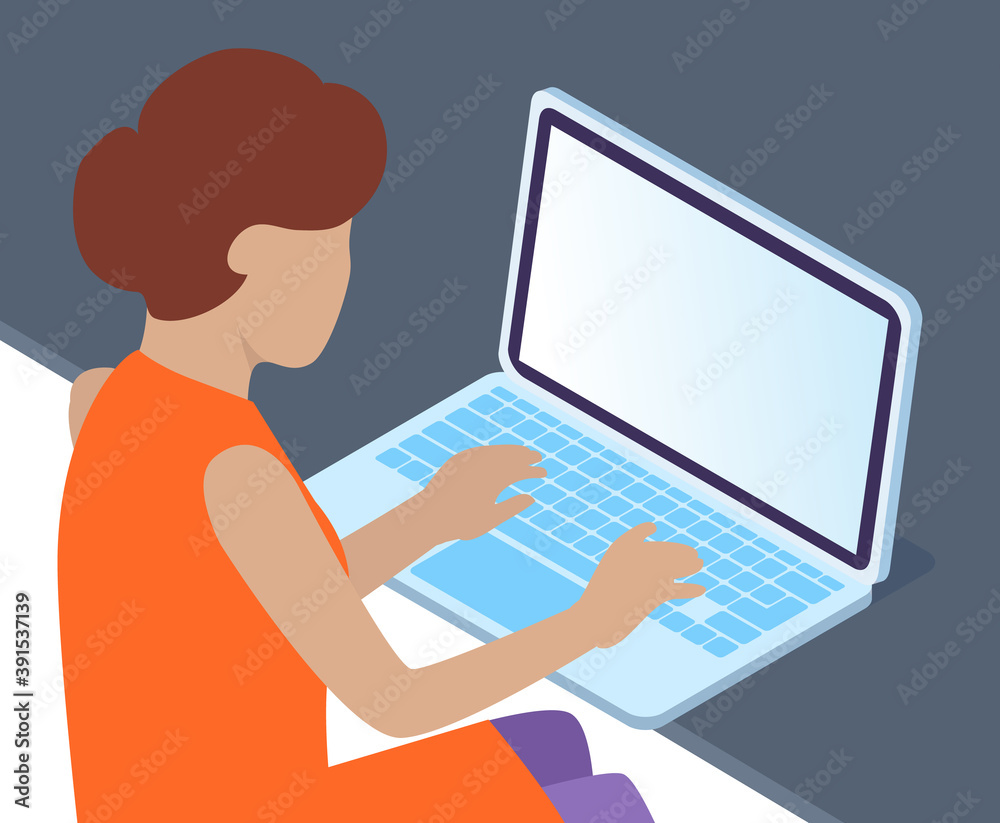 Office worker woman sitting at a desk with a laptop. Businesswoman or a clerk working at her computer typing on keyboard flat style illustration. Student, enterpreneur performs work on a tablet pc