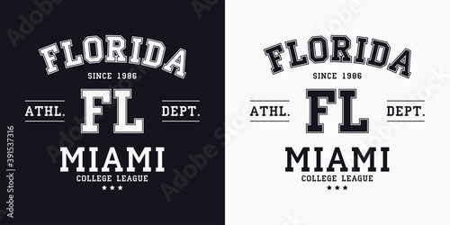 Florida, Miami design for t-shirt. College tee shirt print. Typography graphics for sportswear and apparel. Vector illustration.