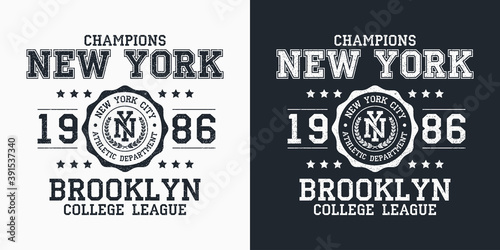 New York, Brooklyn typography for design clothes. Graphics for print product, t-shirt with grunge, vintage sport apparel. Champions of college league. Vector illustration.
