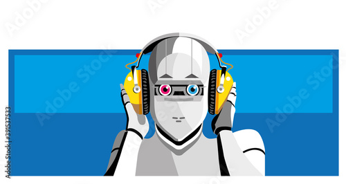 Silver android with human physiognomy listening to music with headphones placed on his ears and in a dj pose on a two-tone blue background. Illustration with vector.