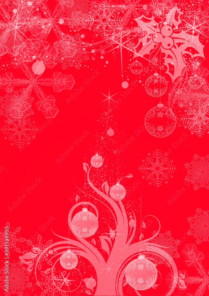 Bright red Christmas background with Christmas balls ornaments for creating cards Bright red Christmas background with Christmas balls ornaments for creating cards