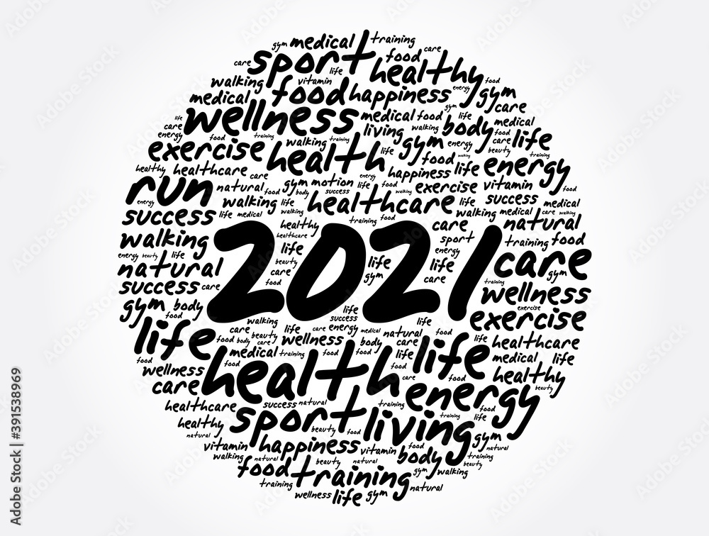 2021 health and sport goals word cloud, motivation concept background