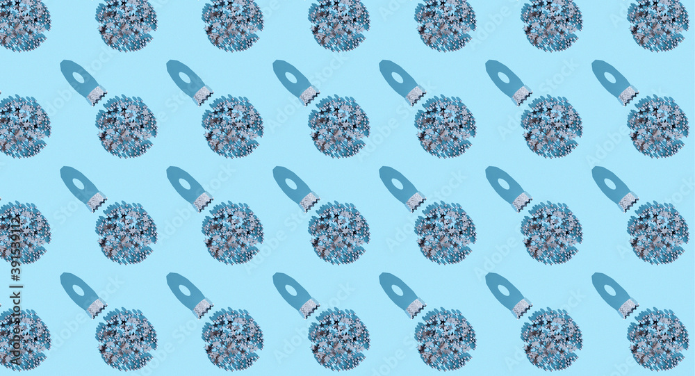 Seamless pattern of round ornate ball made from small Christmas decorative items on light blue background, banner Seamless pattern of round ornate ball made from small Christmas decorative items on light blue background, banner