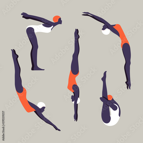 Set of African women in swimwear in various poses. Jumping into the water and swimming in the pool. Water sports. Vector flat illustration
