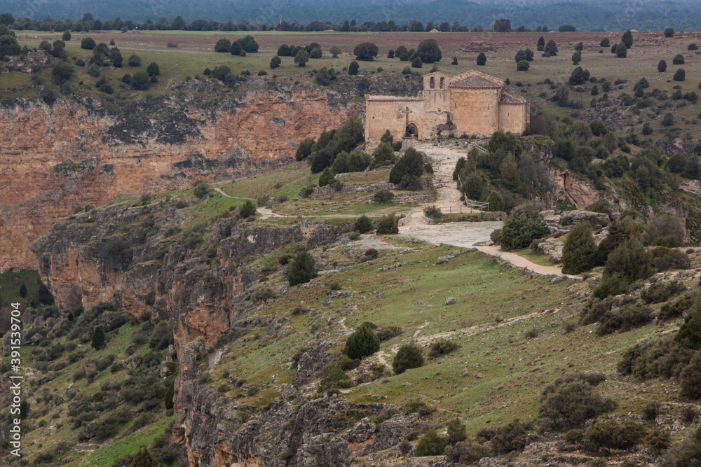 Natural Park Sickles of the Duraton River. Landscape and cliffs. Hermitage of San Frutos, ancient temple. Segovia, Spain