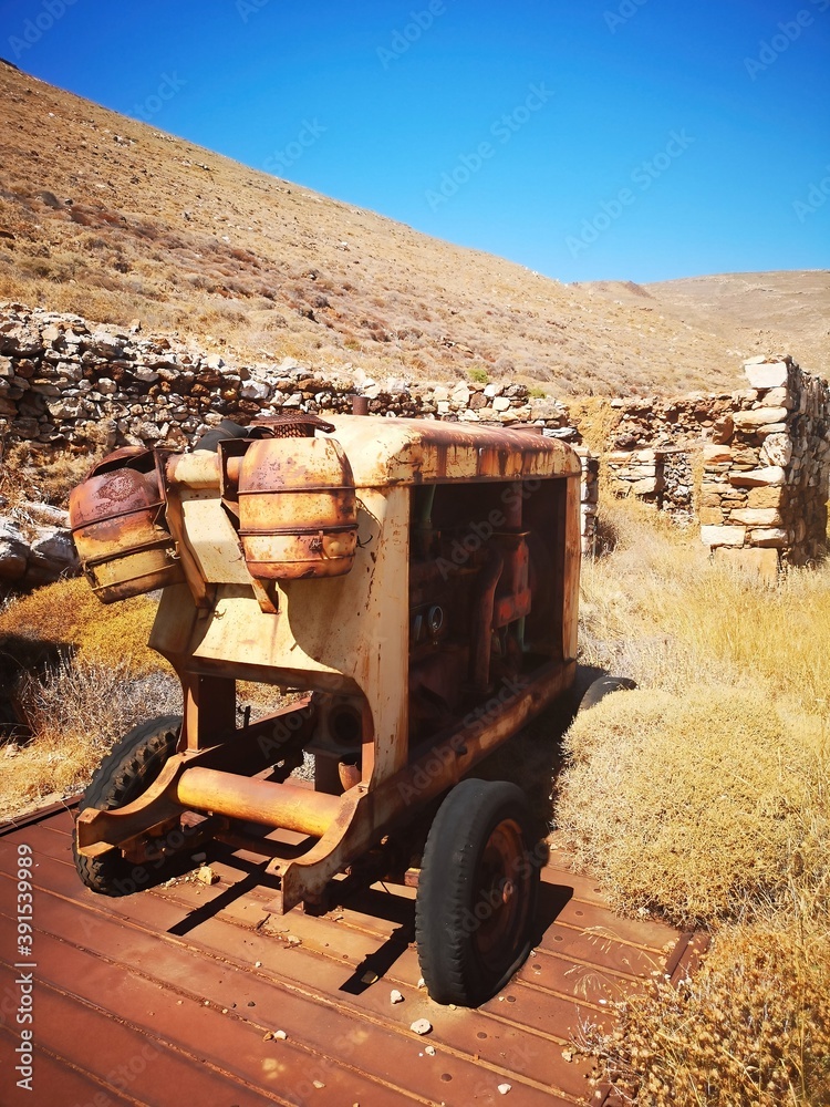 rusty old mining equipment on the island of Serifos, Greece