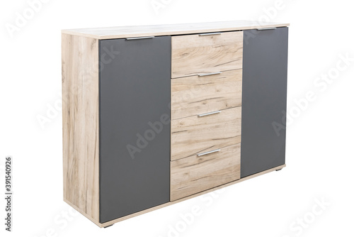 Modern wooden chest of drawers on white background