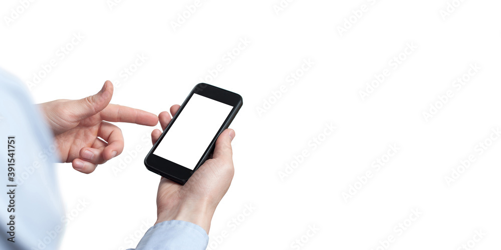 close-up hand touching smartphone screen isolated on white, mock up phone mobile blank screen easy adjustment with clipping path. Copy space. Free space for your text close-up hand touching smartphone screen isolated on white, mock up phone mobile blank screen easy adjustment with clipping path. Copy space. Free space for your text