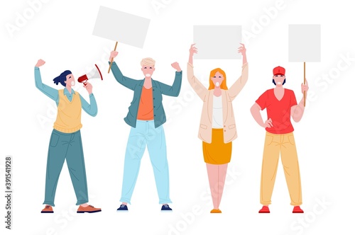 Protesting people on demonstration or strike with megaphone and placards, vector flat illustration