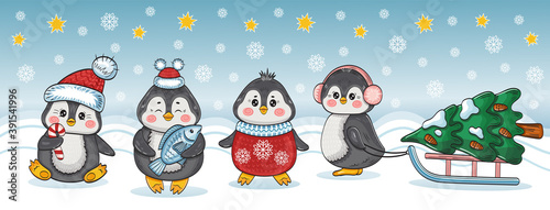 Funny Christmas penguins cartoon characters set. Group cute baby arctic animals in New Year clothes with Christmas tree. Hand drawn winter holiday children illustration. Vector greeting card.