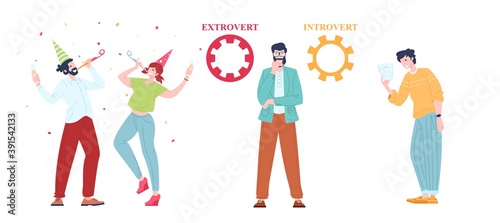Extraversion and introversion people comparison in communication, flat vector illustration