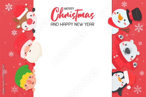 Cartoon santa and friends get together to celebrate christmas Leave space for adding text.