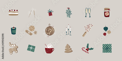 Christmas party elements. Vector set of holiday icons: gingerbread cookies, candles, gift, disko ball, confetti, candy, champagne. Scandinavian style hand drawing.