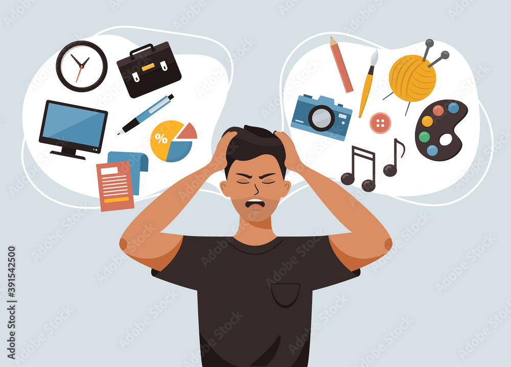 Man holds his head and panics, feels stress about his future profession and career. Choose between office work and creative hobbies. Dilemma and decision making. Flat vector illustration. Man holds his head and panics, feels stress about his future profession and career. Choose between office work and creative hobbies. Dilemma and decision making. Flat vector illustration.