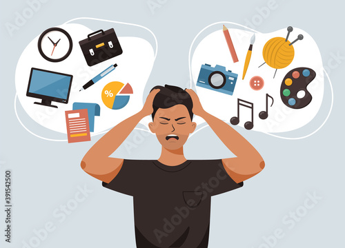Man holds his head and panics, feels stress about his future profession and career. Choose between office work and creative hobbies. Dilemma and decision making. Flat vector illustration.