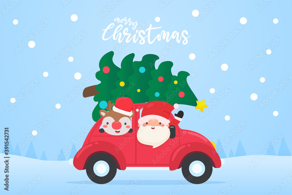 Obraz Santa and Reindeer drive an old red car and a Christmas tree to send gifts to the children.