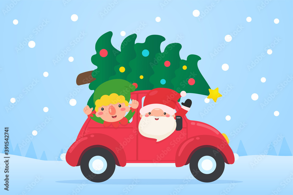 Santa and Elves drive old red cars to deliver gifts to kids during the winter of Christmas. Santa and Elves drive old red cars to deliver gifts to kids during the winter of Christmas.