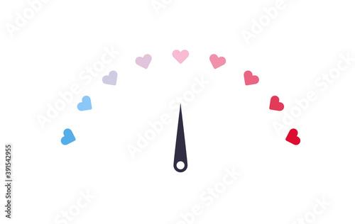 Love meter emotion concept. Vector flat illustration. Customer review meter infographic design element for dating and valentine day holiday. Heart shape of blue to red gradient color.