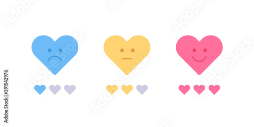 Love meter emotion concept. Vector flat illustration. Infographic design element for dating and valentine day holiday. Red, yellow and blue heart shape with smile. Hate, indifferent and happy emotion.