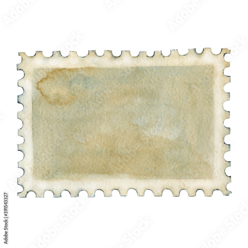 Blank postage stamp, postmark. Watercolor hand drawn illustration isolated on white background. Mail design, postal correspondence, scrapbooking, handmade, postcards, envelopes