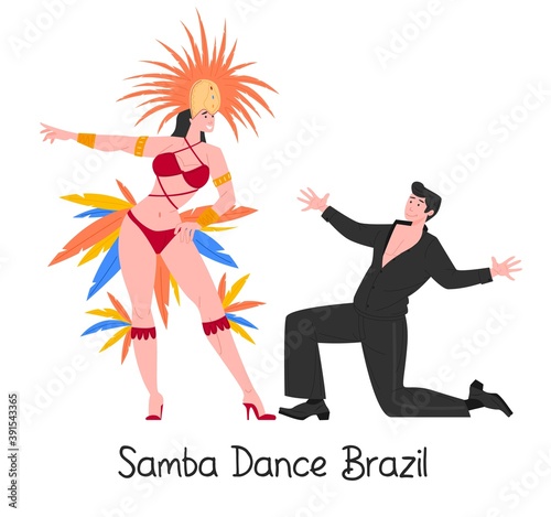 Brazilian samba dancers in colorful festive suits, vector flat cartoon illustration
