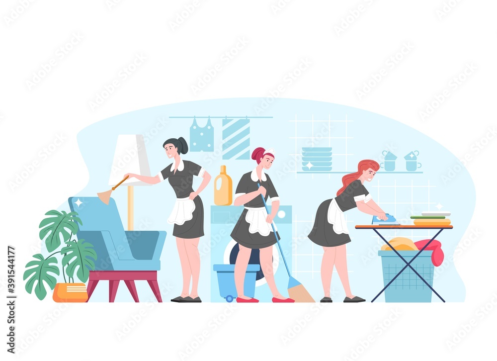 Housemaid, maid, housekeeping, cleaning service workers, vector flat cartoon characters wiping dust, ironing clothes