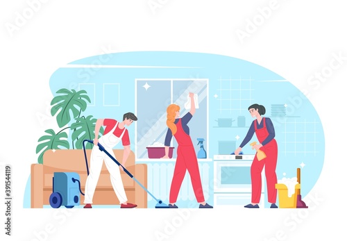 Cleaning service, team of home cleaners in uniform, vector cartoon characters vacuuming, washing window, making chores