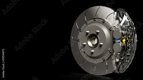 Brake Disc and Clear transparent Calliper on dark night background. Brake from Racing car with Clipping path and copy space for your text. 3D Render.