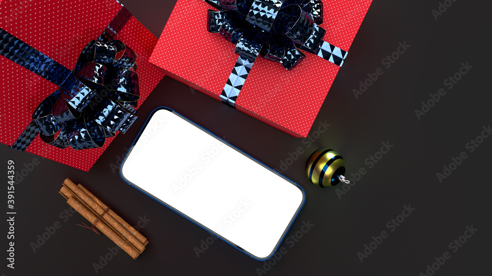 Merry Christmas and New Year with a beautiful gift box, Christmas ornaments ribbon bow. Christmas and New year event mockup template concept. Clipping path of screen phone included. 3d rendering