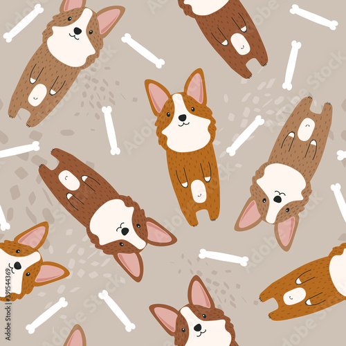 Happy dogs, hand drawn backdrop. Colorful seamless pattern with animals. Decorative cute wallpaper, good for printing. Overlapping background vector. Design illustration