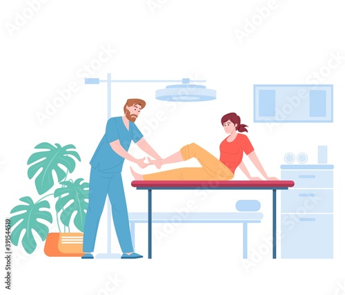 Surgeon, trauma doctor, physiotherapist examining ankle of vector cartoon female patient. Orthopedic and traumatology