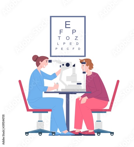 Checkup eyesight of patient by ophthalmologist doctor, vector cartoon characters, healthy vision, illustration on white photo
