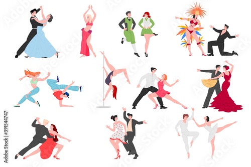 Dancing people couples, contemporary and classical choreography, vector dancers performers cartoon characters set