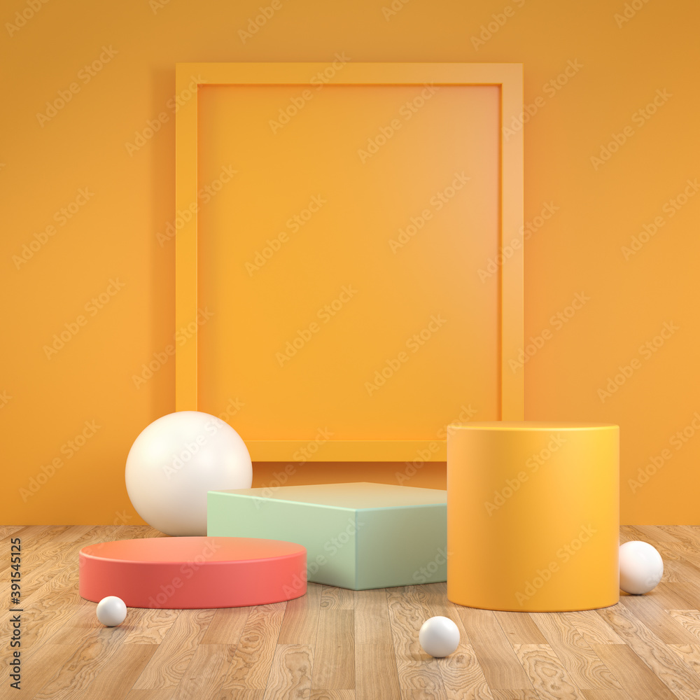 Empty Minimal Geometry Podium Colorful On Wood Oak Floor With Yellow Frame Abstract Background 3d Render Empty Minimal Geometry Podium Colorful On Wood Oak Floor With Yellow Frame Abstract Background 3d Render