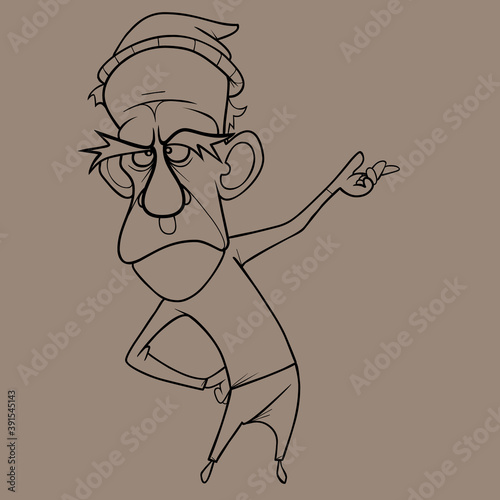 sketch of a cartoon gloomy man in a hat pointing to the side