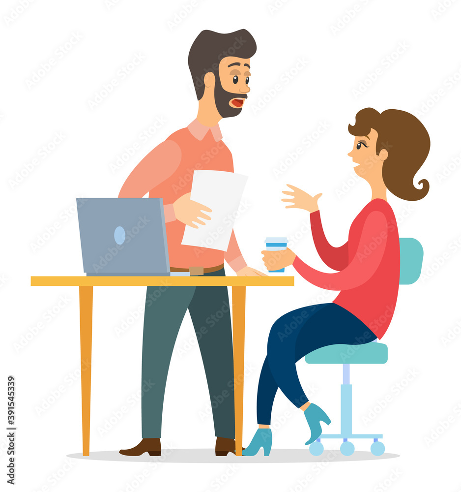 Office workers characters discussing matters. Surprised open-eyed man and woman talking communication, famale sitting at office desk with laptop. Business meeting and consideration of working issues