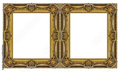 Double golden frame (diptych) for paintings, mirrors or photos isolated on white background photo