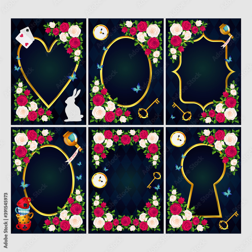 Red  roses and white roses, clock and key, white rabbit, potion, tea cup, butterflies. Set of Wonderland background. Rose flower frame, keyhole frame, oval frame and heart frame. vector illustration